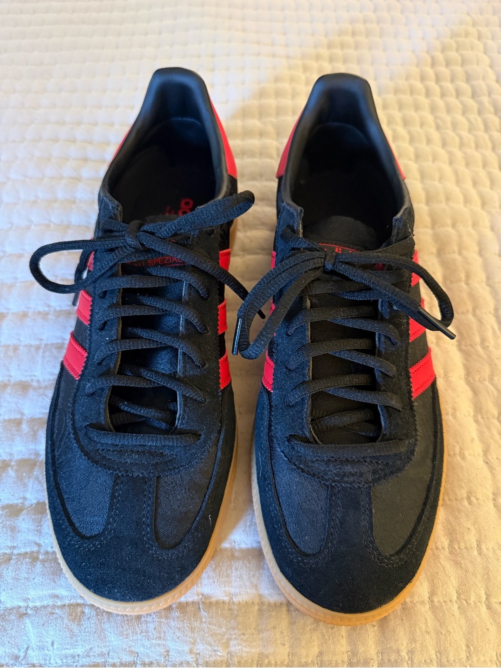 adidas Black Handball Spezials Suede Sneakers with Red Stripes